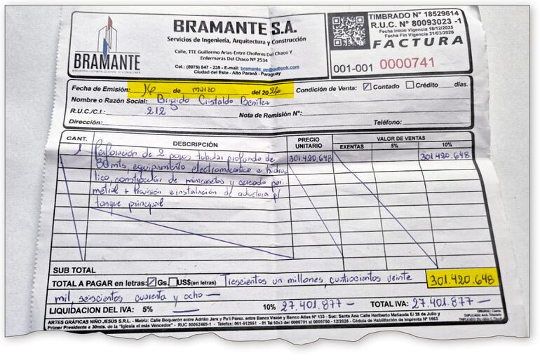 Factura que emitió la empresa Bramante SA a nombre de Brígido Cristaldo, segundos después de retirarse el cheque.