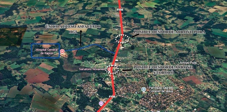 Mapa aéreo de la región de Itapúa con referencias a hospitales y posibles desbordes de arroyos.