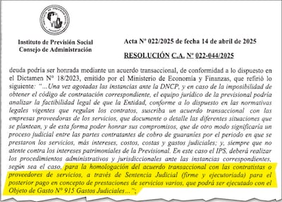 Parte del Dictamen N° 18/2023 elaborado por el MEF y agregada en las resoluciones del Consejo de Administración del IPS donde se aprobaron los “acuerdos extrajudiciales”.