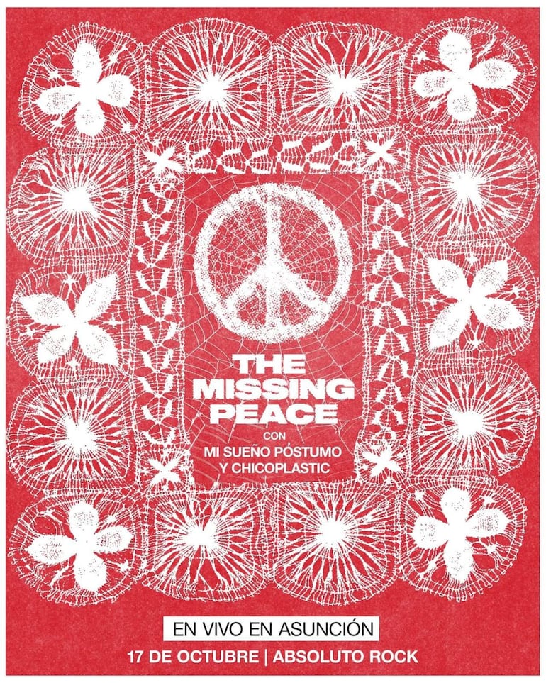 Cartel rojo con diseño floral anunciando el show de The Missing Peace, junto a Mi Sueño Póstumo y Chicoplastic en Absoluto Rock.