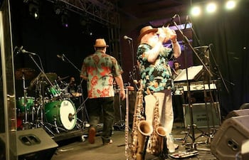 Músico de barba blanca gesticula mientras toca un instrumento, acompañado de otro músico de espaldas con camisas coloridas.