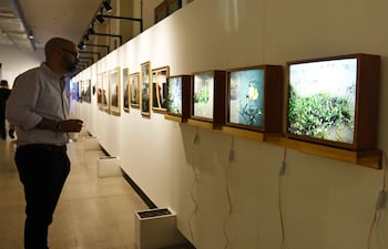 Hombre de pie con camisa de rayas y vaso, admirando pantallas iluminadas con fotos de naturaleza en una galería.