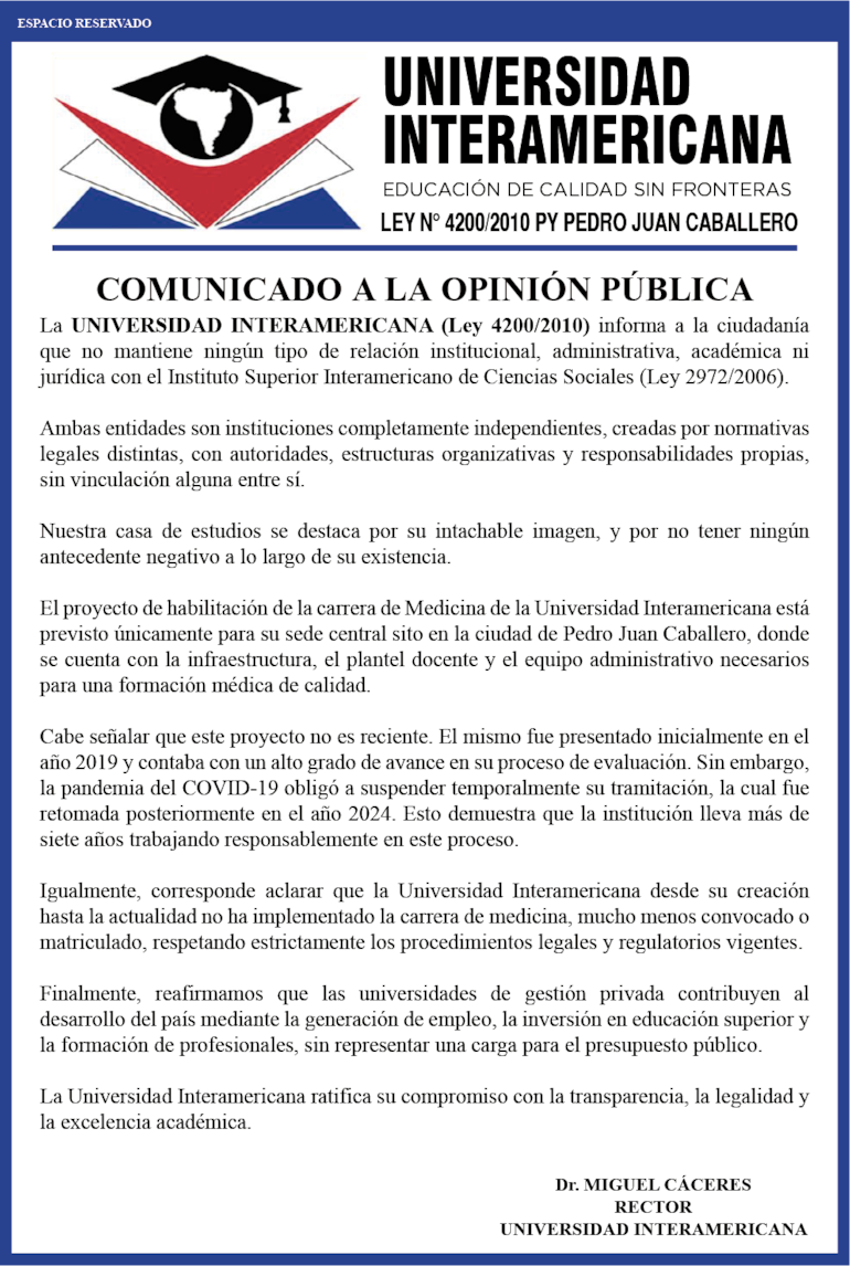 Comunicado de la Universidad Interamericana.