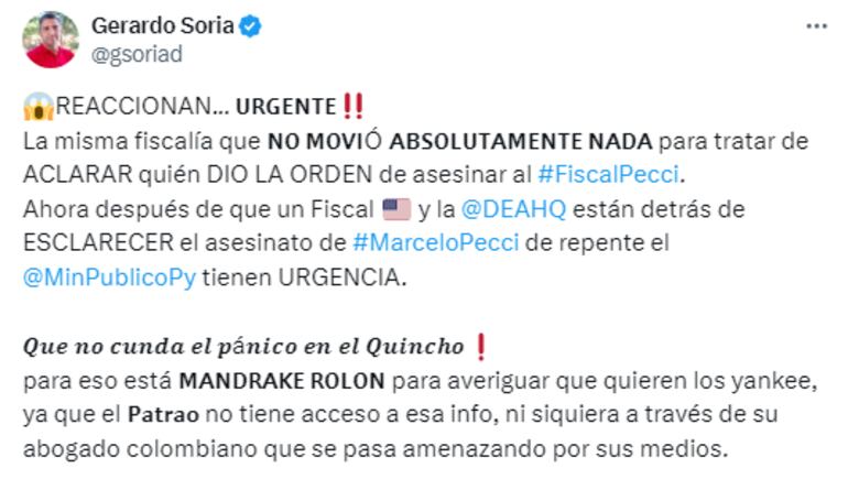 Posteo de Gerardo Soria, expresidente de seccional colorada, sobre el caso Pecci.