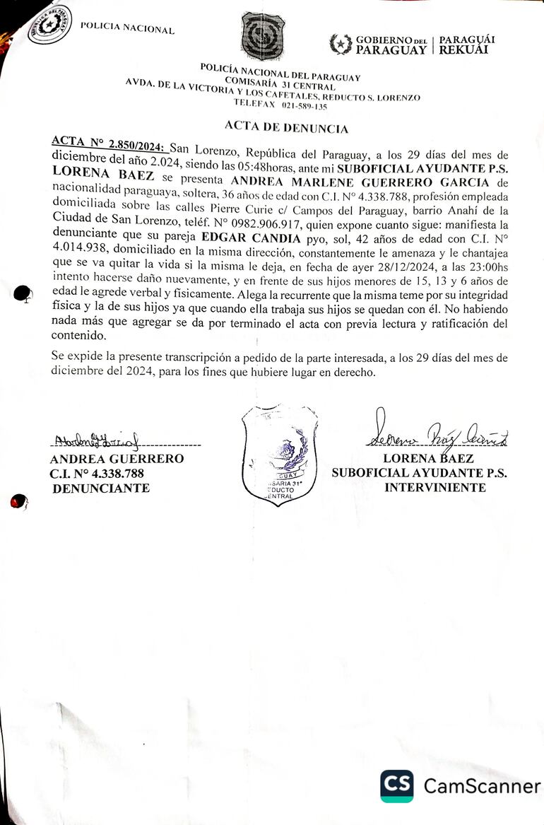 Denuncia presentada por Andrea Marlene Guerrero el 29 de diciembre pasado, ante la comisaría de San Lorenzo. La ahora víctima de feminicidio advirtió que temía por su vida y la de sus hijos. 