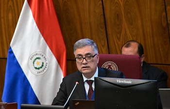 Hombre canoso con gafas y traje oscuro habla en reunión, acompañado por la bandera de Paraguay y una computadora ViewSonic.