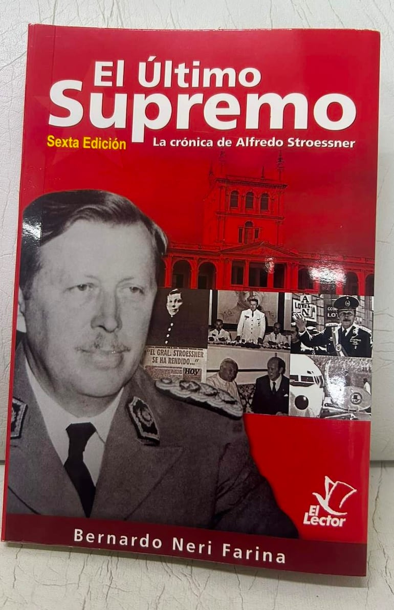 Portada del libro 'El Último Supremo' con fondo rojo y retrato de Stroessner en uniforme militar.