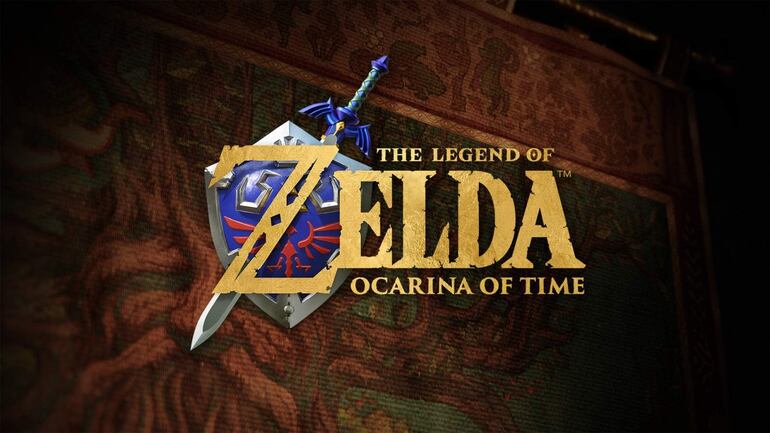 Anuncio de The Legend of Zelda: Ocarina of Time, con espada y elementos del juego en un fondo colorido.