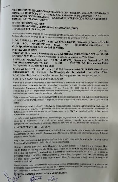 Uno de los documentos presentados a la DNIT por clubes que conforman la Federación Paraguaya de Gimnasia.
