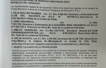 Uno de los documentos presentados a la DNIT por clubes que conforman la Federación Paraguaya de Gimnasia.