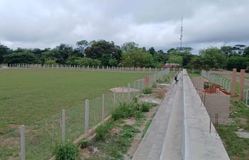 Campo de fútbol en construcción con césped verde, cielo nublado y estructura de ladrillos a la derecha.