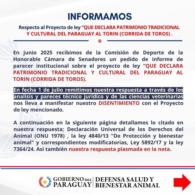 Corrida de Toros: «El bienestar animal no es negociable», afirma la Dirección Nacional