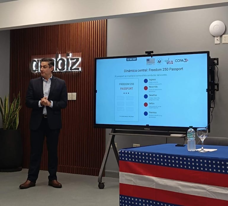 Carson Villalba en traje oscuro frente a una pantalla, presentando sobre el Freedom 250 Passport en un evento formal.