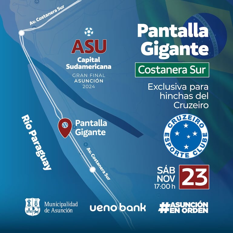 La pantalla gigante para los hinchas de Cruzeiro estará en la Costanera Sur.