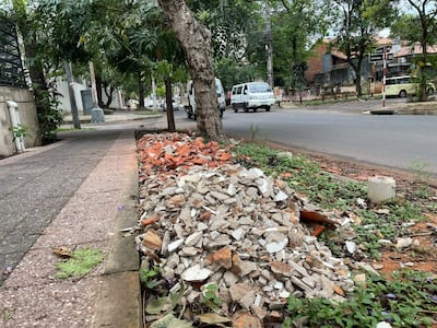 Montaña de escombros a la izquierda, vegetación oscura, pavimento gris y vehículos al fondo en una calle desierta.