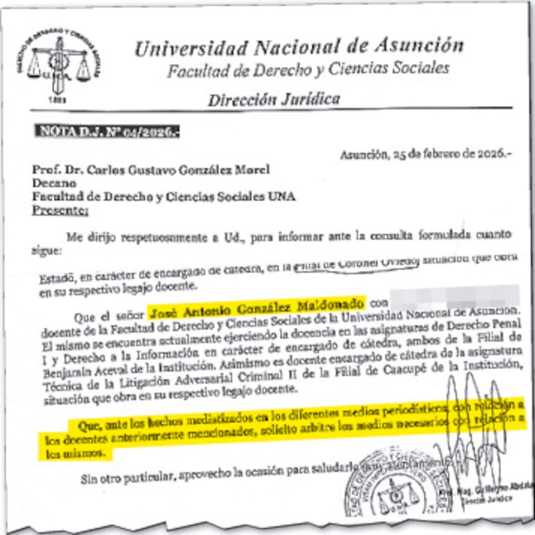 Informe sobre José González preparado por la Dirección Jurídica de la Facultad de Derecho.