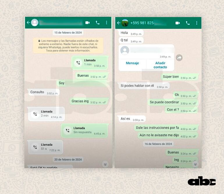 Mensajes y llamadas vía WhatsApp de un presunto esquema de coimas a trabajadores del Mercado de Abasto, desde Senave.