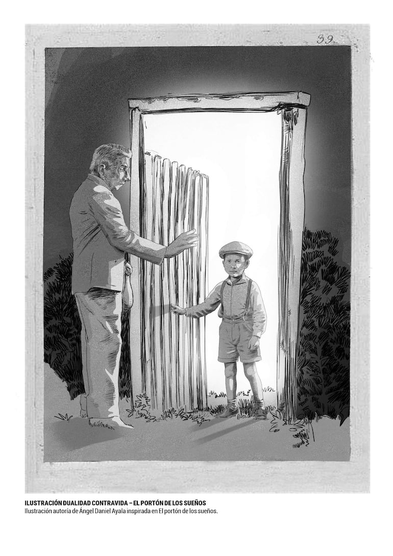 Hombre en traje invita a un niño vestido en pantalones cortos frente a un portón abierto rodeado de vegetación.