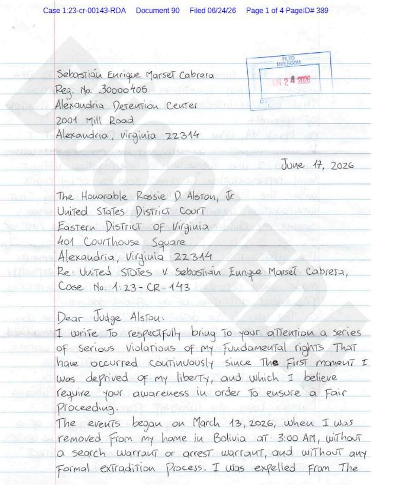 La primera página de la carta que escribió en la cárcel Sebastián Marset, dirigida al juez de su caso.
