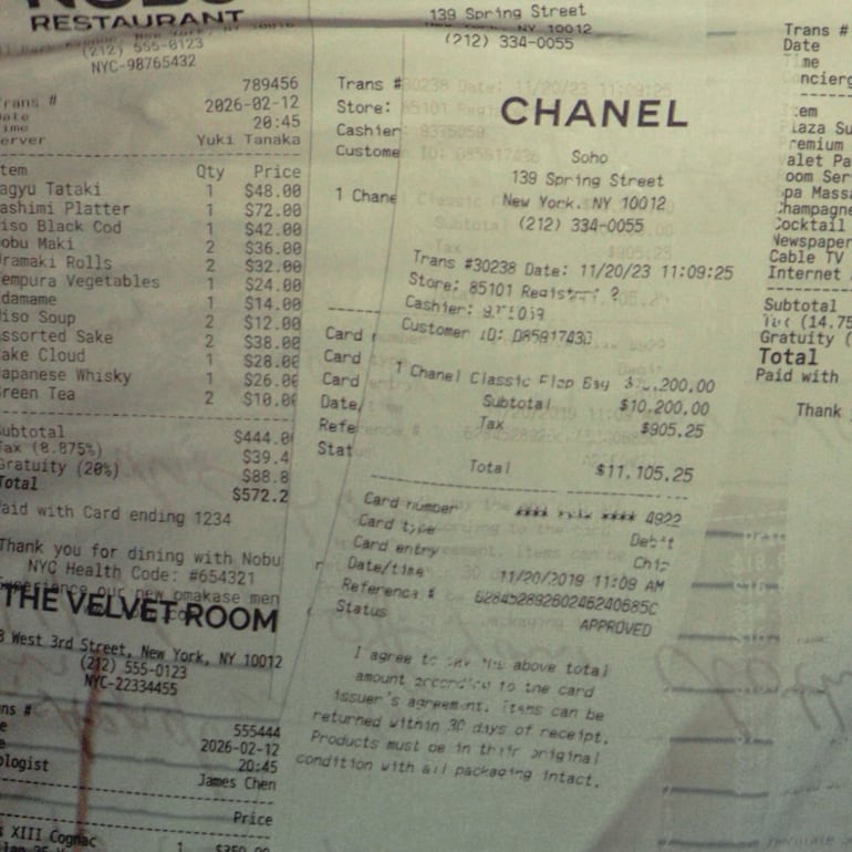 Algunos recibos que formaban parte del vestido de Lily Allen. (Instagram/Lily Allen)