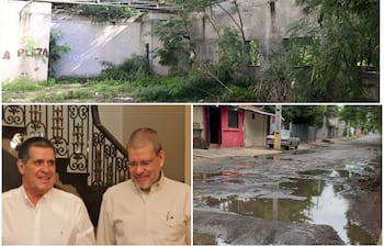Arriba: Edificio abandonado de la megaobra.
Abajo: Horacio Cartes y Antonio Barrios. A la derecha: estado de las calles en la zona.