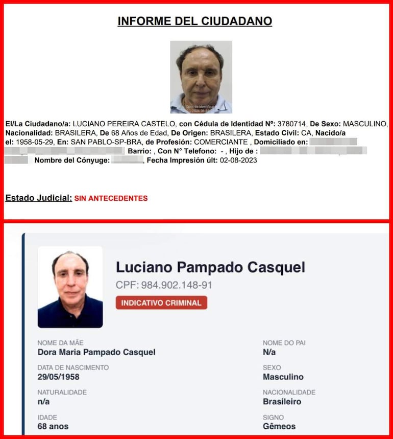 Ficha policial sobre Luciano Pereira Castelo, con información detallada sobre su identidad y antecedentes.