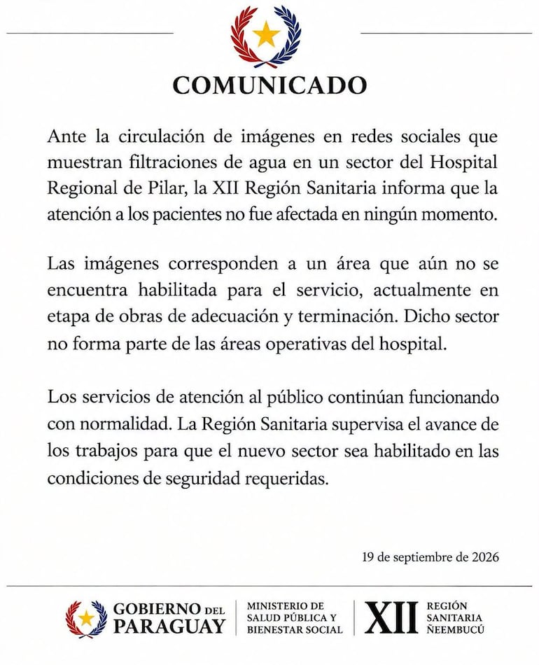 La Xll Región Sanitaria, emitió un comunicado en donde aclaran que las filtraciones no afectaron la atención hospitalaria.