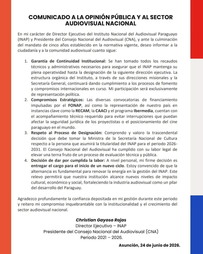 Comunicado oficial firmado por Christian Gayoso, con texto detallado sobre el INAP y su continuidad institucional.
