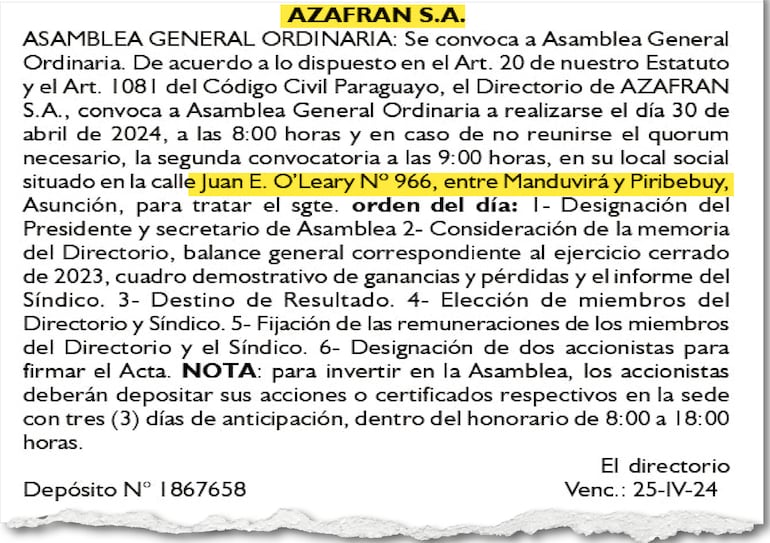 Desde su constitución hasta 2024, Azafrán SA declaraba para sus asambleas la dirección O’Leary 966, entre Manduvirá y Piribebuy.