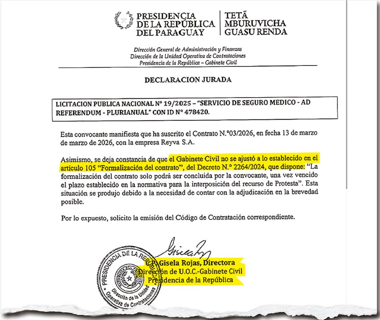 El mismo día de la firma del Contrato, la funcionaria de Presidencia Gisela Rojas comunicaba a Contrataciones Públicas la violación del decreto firmado por Peña.
