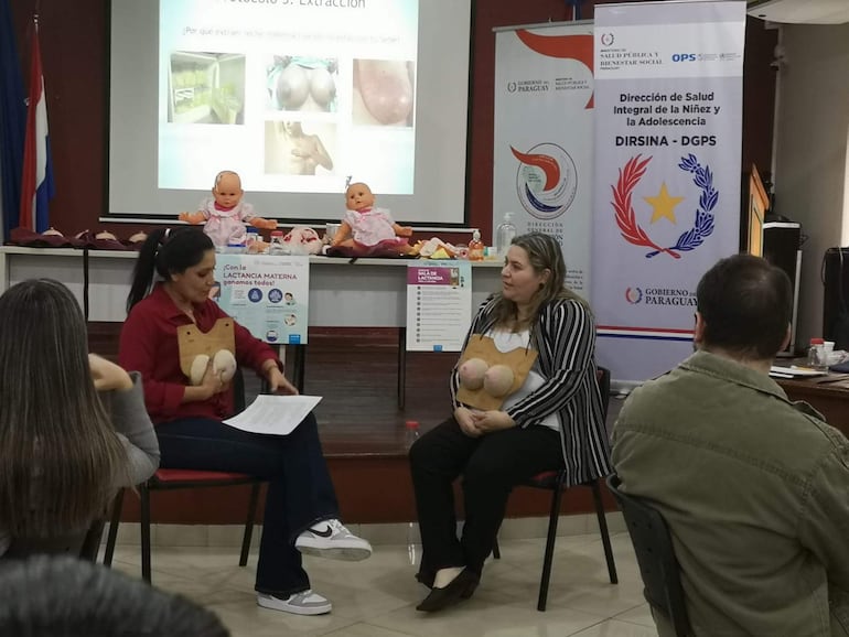 Dos mujeres presentan taller de lactancia materna. Una sostiene material didáctico y otra viste camiseta con par de pechos.