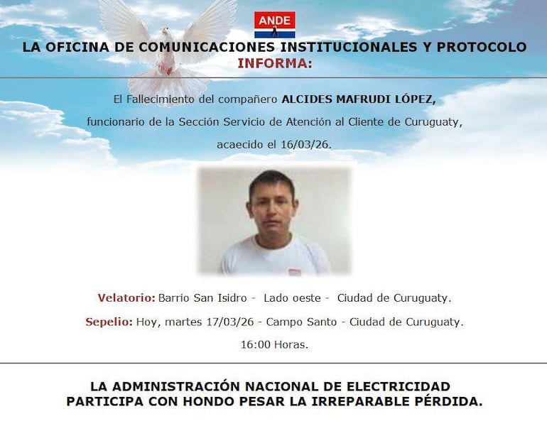Alcides Mafrudi López, funcionario de la ANDE que falleció durante tareas de restablecimiento eléctrico.
