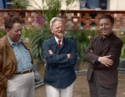 Diego Rivera, Leon Trotsky y André Breton en Coyoacán en 1938. Fotografía coloreada.