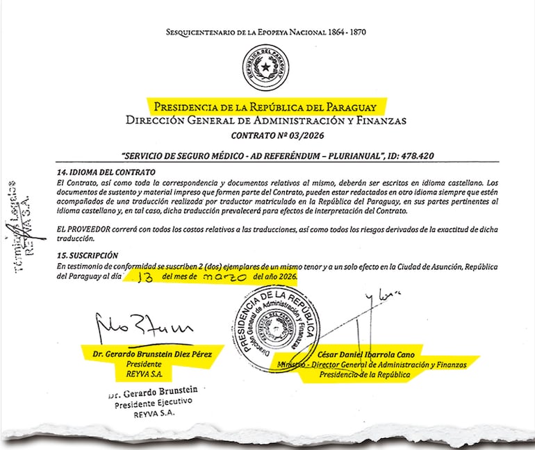 El contrato fue firmado el pasado 13 de marzo entre el alto funcionario de la Presidencia y la empresa Reyva SA.