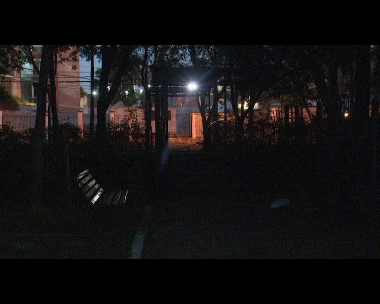 Banco de parque vacío rodeado de árboles en una plaza urbana iluminada tenuemente por luces en edificios.