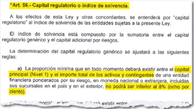La  Ley 5787/16 que modifica la  ley de bancos es  contundente en el Art. 56 sobre el porcentaje mínimo de capital principal.