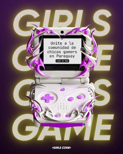 Diseño gráfico moderno con dispositivo de videojuego blanco y púrpura y textos invitando a unirse a la comunidad gamer.