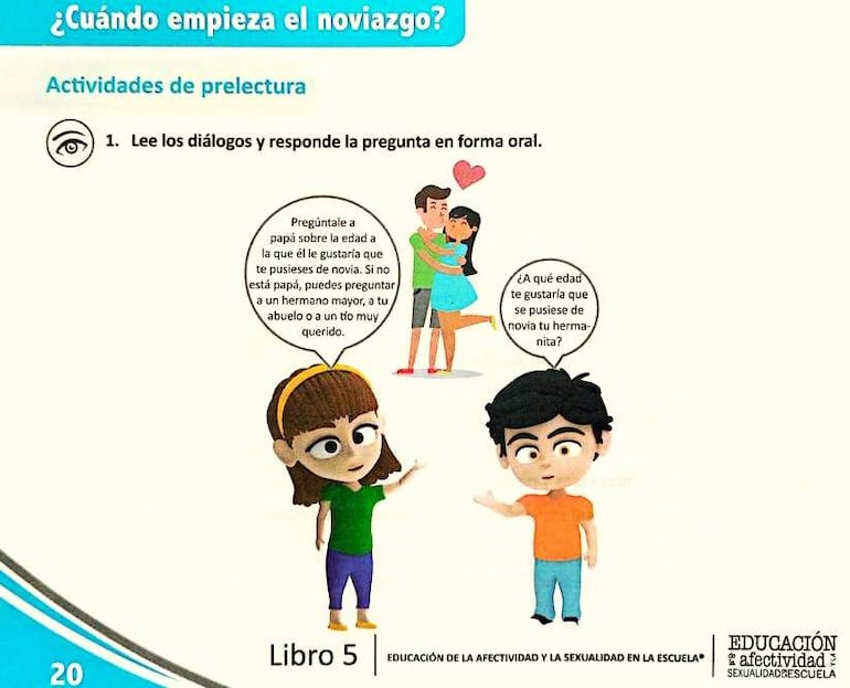Ilustración de un niño en camiseta naranja y una niña en camiseta verde dialogando sobre el noviazgo en un libro.