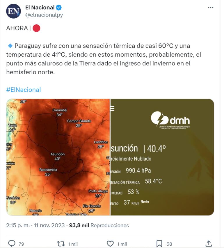 Tweet de El Nacional sobre la sensación térmica de 60° que marcaba en la página web de meteorología entre las 14:00 y 15:00 de este sábado.