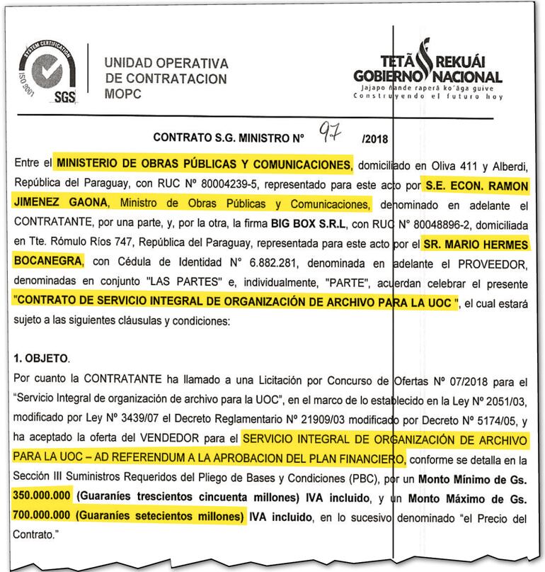 Contrato firmado por el exministro del MOPC, Ramón Jiménez Gaona, con la firma Big Box.
