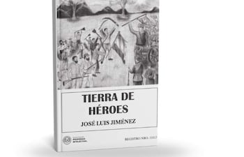 Portada del libro 'Tierra de Héroes', ilustración en blanco y negro de hombres en batalla con banderas.