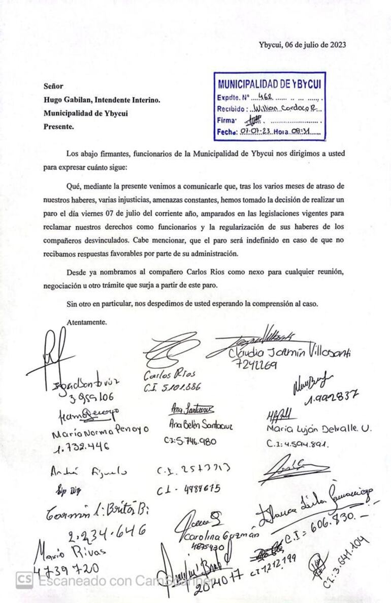 La nota que presentaron hoy los funcionarios municipales al intendente Hugo Gabilán Moreira.