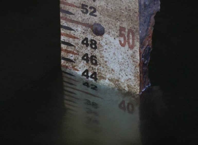 Medidor de nivel de agua parcialmente sumergido, con la escala marcada entre 40 y 52, visible en un entorno natural.