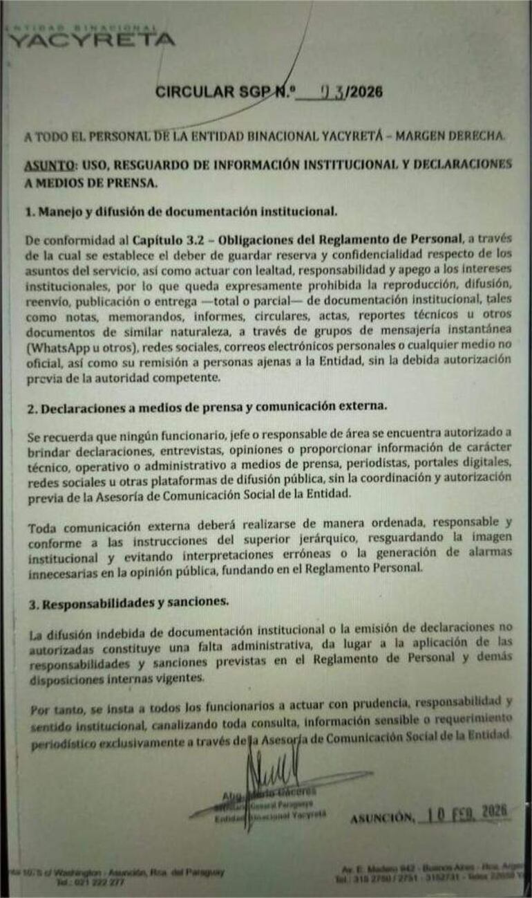 Circular oficial de Yacyretá sobre obligaciones de documentación institucional.