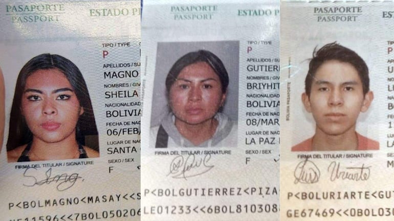 Pasaportes de Scheila Liz Magno Mosay, Beihit Gutiérrez y Luis Uriarte sobre una mesa, sin rostros visibles ni emociones detectadas.