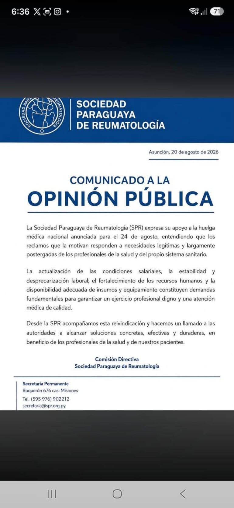 Comunicado de la Sociedad Paraguaya de Reumatología sobre apoyo a huelga médica, con texto destacado sobre condiciones laborales.