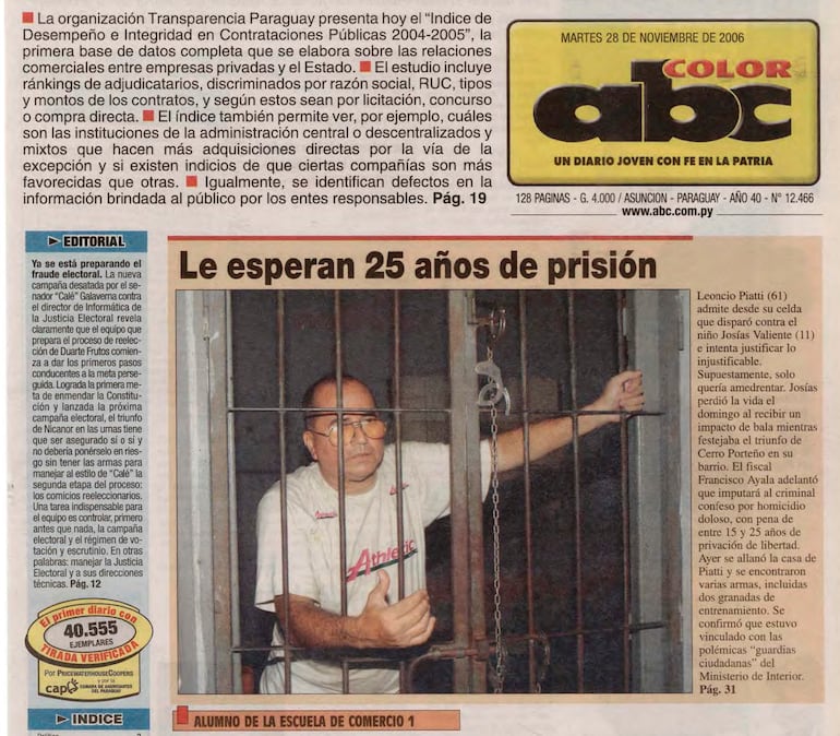 Tapa de ABC Color del martes 28 de noviembre de 2006, con la foto de Leoncio Piatti en el calabozo de una comisaría, tras el crimen del niño Josías Valiente.