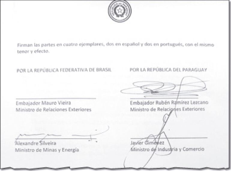 Las firmas aparecieron después; no obstante, en este documento aún falta la del jefe de Itamaraty.