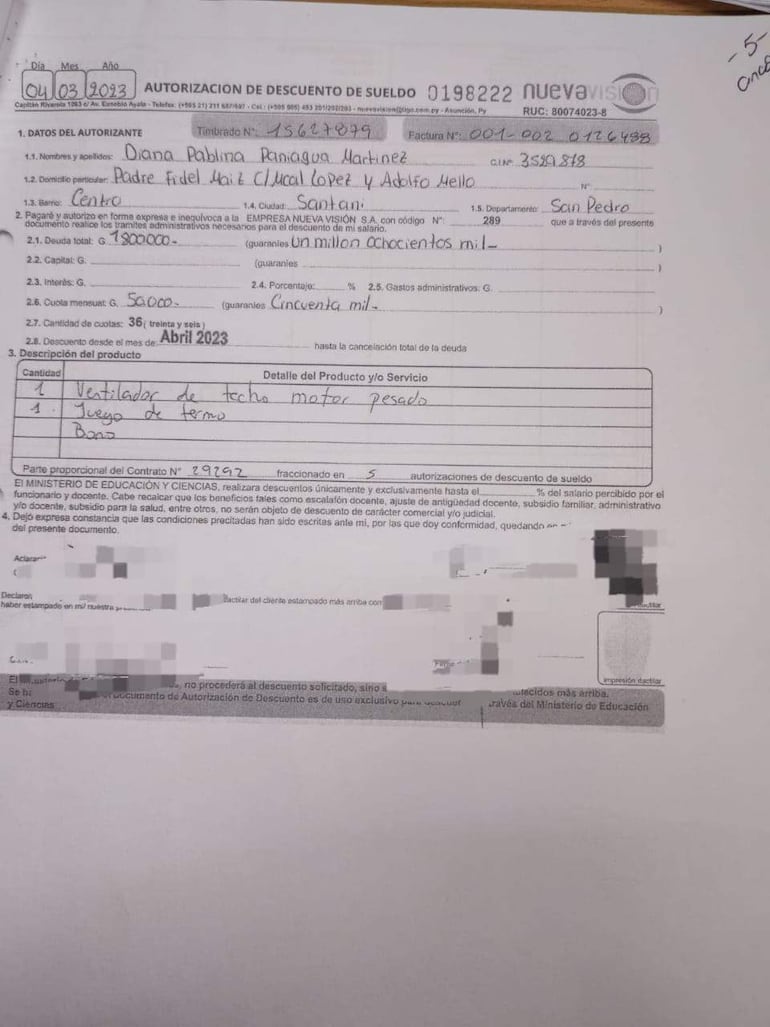 Documento oficial con autorización firmada por Diana Paniagua, con detalles de contacto y dirección a Nueva Visión S.A.
