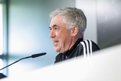 El entrenador italiano del Real Madrid, Carlo Ancelotti, durante la rueda de prensa posterior el entrenamiento en la Ciudad Deportiva de Valdebebas.